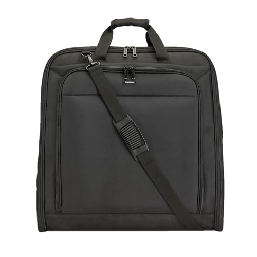 Amazon Basics 46" Premium Garment Bag for Travel, Suit Bag with Shoulder Strap for Suits and Dresses, 1680D Polyester Fabric, Exterior/Interior Pockets, Leather-reinforced Corners, Trifold, Black