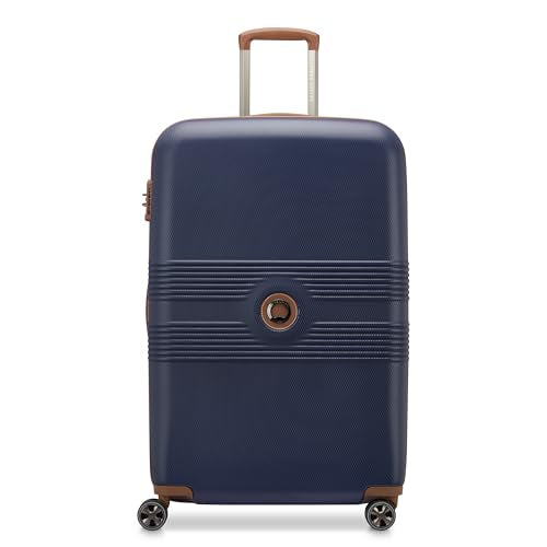 DELSEY PARIS Flanerie SE - Hardside Checked In Luggage 28 Inch - 360° Dual Spinner Wheels - TSA Lock - Lightweight Polycarbonate Travel Suitcase with Vegan Leather, Blue