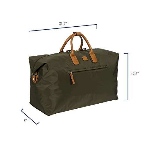 Bric’s X-Travel Deluxe Carry-On Duffel, Lightweight Water-Resistant Weekender with Italian Leather Handles, Removable Inner Pocket and Luggage Pass-Through for Versatile 2-in-1 Travel – Olive