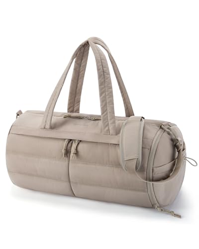 BAGSMART Puffer Gym Bag for Women, Lightweight Duffel Bag with Shoe Compartment, Weekender Bags with Wet Pocket, Workout Overnight Carry on Bag for Travel, Light Tan