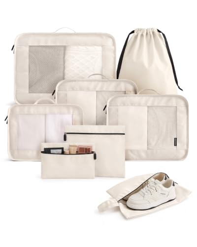 LIGHT FLIGHT 8 Set Packing Cubes for Travel, Durable Travel Essentials for Cruish Ship, Suitcase Organizer Packing Bags (8-Pack 1L+2M+1S+1Shoe Bag+2Toiletry Bags+1Laundry Bag)
