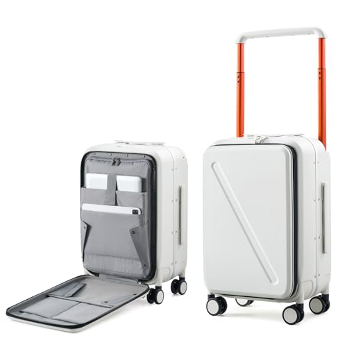 MILADA Wide Handle Carry On Luggage with Front Pocket Hardshell 20 Inch Front Opening Luggage with Spinner Wheels TSA Lock Aluminium Suitcase Airline Approved Carry-On Travel Luggage, White
