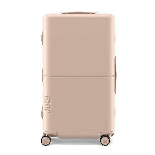 July Checked Trunk - 26.8" Zipperless Airline Approved Check In Luggage with Wheels, 80/20 Opening Spinner Suitcase - TSA Lock Rolling Suitcase, Spinner Wheels, Y-Strap - Matte Light Sand