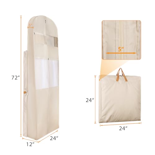 Zilink 72" Wedding Dress Garment Bag Dress Bags for Gowns Bridal Garment Bag for Long Dresses with 12”Gusseted and Accessory Pockets for Wedding Dress, Puffy Gowns [Upgraded Version], Beige
