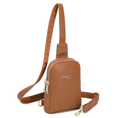 INICAT Women's Small Sling Bag, Lightweight Everyday Vegan Leather Crossbody Purse for Daily Essentials and Travel Light(Brown)