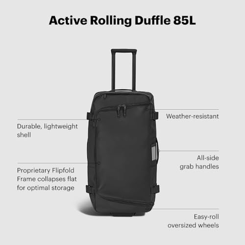 Away Active Rolling Duffle 85L - Large Travel Duffle Bag with Wheels, Durable Checked Luggage Suitcase for Men & Women, Foldable Weekender Bag, Jet Black