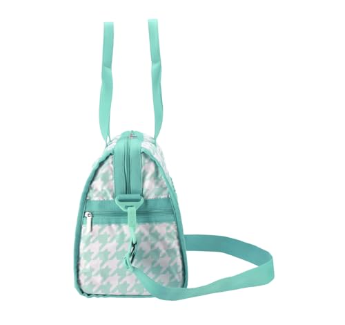 LeSportsac Willow Check Deluxe Medium Weekender Crossbody Bag, Style 4318/Color E880, Delicate Mint Green & Crisp White Interpretive Large Format Houndstooth Check, Light Teal Trim
