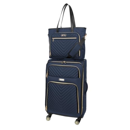 Kenneth Cole REACTION Chelsea 2-Piece Bundle - 20" Chevron Expandable 8-Wheel Carry-On Suitcase & Matching 15" Laptop Tote Bag, Navy