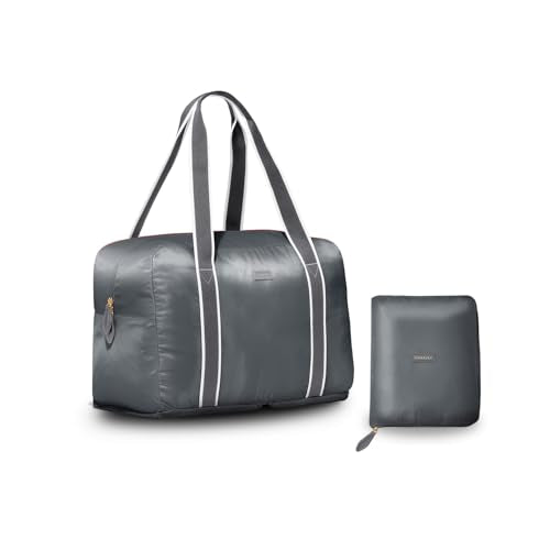 Foldable Duffle Bag for Travel | Lightweight, Water-Resistant Carry On Bag | Sustainable and Durable Nylon, Flatiron Grey