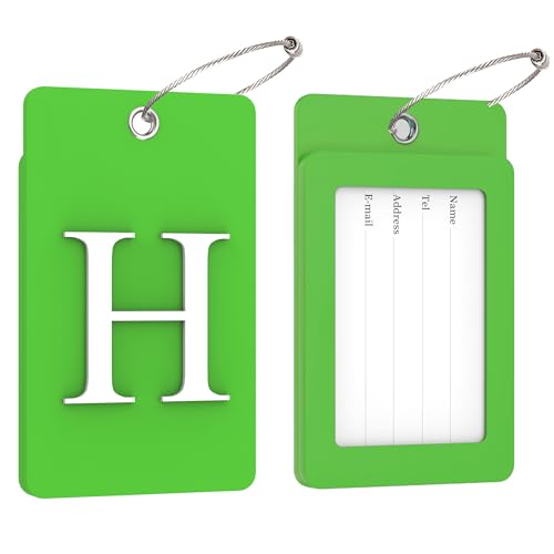 Gostwo 2 Pack Luggage Tags for Suitcases, 26 Initial Letter Travel Luggage Baggage Identification Labels ID Tag Fully Bendable Tags with Stainless Steel Loop (Green) (Letter H)