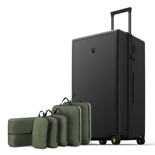 LEVEL8 Luminous 28 Inch Black Luggage with 6 Set Packing Cubes