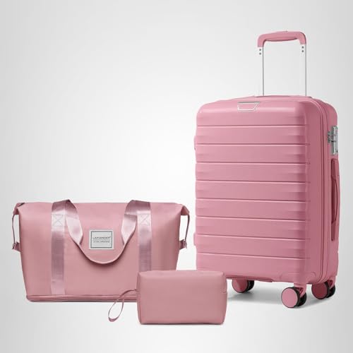 LARVENDER Luggage Sets 3 Piece with Duffel Bag Hardside PP Carry On Suitcase with 360° Spinner Wheels TSA Lock Luggage Sets for Women, Pink
