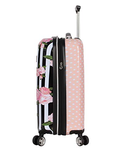 Betsey Johnson Designer 20 Inch Carry On - Expandable (ABS + PC) Hardside Luggage - Lightweight Durable Suitcase With 8-Rolling Spinner Wheels for Women (Stripe Roses)