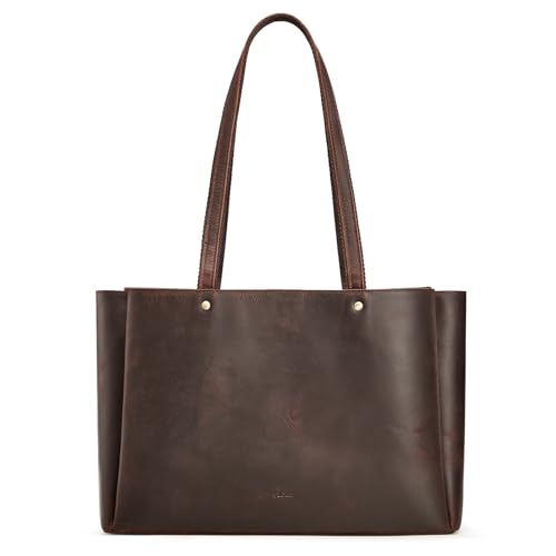 S-ZONE Genuine Leather Tote Bag for Women Work Large Shoulder Handbag with Zipper Compartment for Travel Professional (dark brown)
