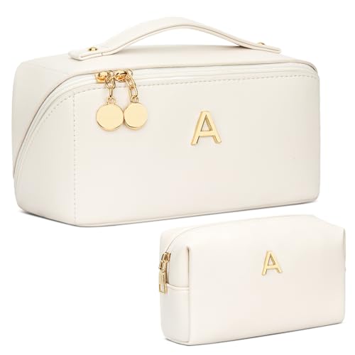 CLOUDWINGS Birthday Gifts for Women Teen Girl, Personalized Initial Makeup Organizer Bag Set, Open Flat Travel Cosmetic Bag With Clear Divider and Handle(Beige,A)
