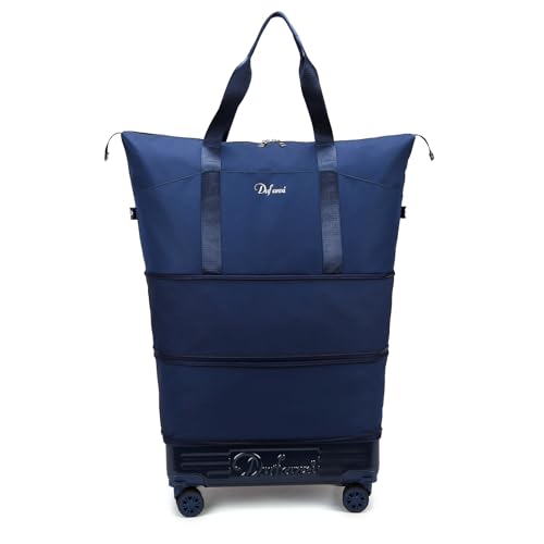Dufanxi Expandable Rolling Travel Bag with Removable Wheels & Handle, Large Capacity Wheeled Duffle Tote, Foldable Carry On Luggage for Women, Lightweight Weekender Overnight Bag (DarkBlue)