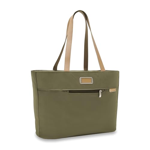 Briggs & Riley Traveler Tote Bag for Women & Men - Nylon Tote Bag for Weekend Travel & Work, Carry On Handbag, Smooth Zipper Closure, Leather Touchpoint - Baseline Collection, Olive