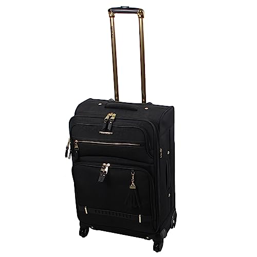 Steve Madden Designer Luggage Collection - Lightweight 24 Inch Expandable Softside Suitcase - Mid-size Rolling 4-Spinner Wheels Checked Bag (Black, 24in)