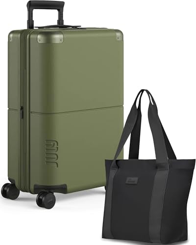 July Carry On Max Expandable - 21.5" Airline Approved Carry On Luggage with Travel Tote, Rolling Suitcase for Men & Women - TSA Lock Spinner Suitcase, Silent Wheels, Expansion Zip - Moss