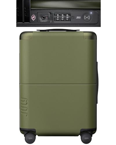 July Carry On with CaseSafe - 20" Built in Tracking, Airline Approved Carry On Luggage with Wheels, Travel Suitcase for Men & Women - Polycarbonate Shell, USB Ports & Ejectable Battery - Moss