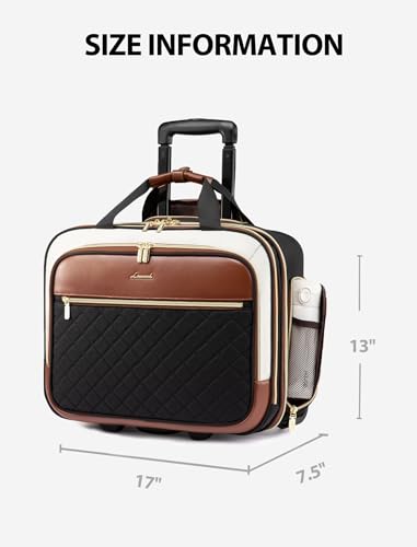 LOVEVOOK Rolling Laptop Bag Women, 17.3 Inch Laptop Briefcase with Wheels, Soft Sided Underseat Carry On Luggage Personal Item Suitcase for Work Travel Business, Black Brown Beige