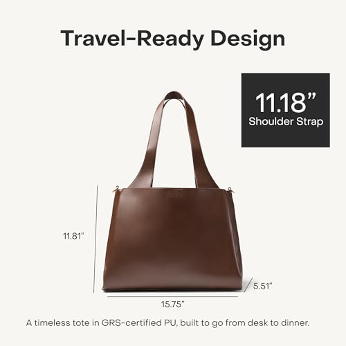 July Juliette Soft Work Tote - Tote Bag for Women with Laptop Sleeve, Detachable Crossbody Strap, Pass-Through Band, Drink Bottle Holder, Modern Tote Bag for Work & Travel, 18L - Chocolate Brown