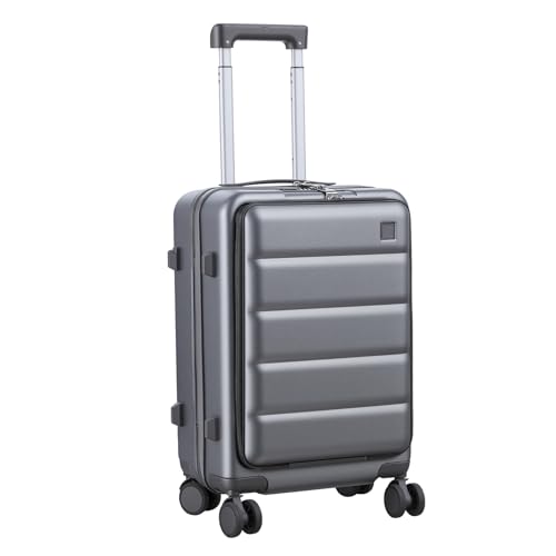 20-Inch Carry-On Luggage with USB Port – ABS+PC Hard Shell Suitcase TSA Lock 360° Spinner Wheels – Lightweight Airline-Approved Travel Bag with Cup Holder & Side Hooks for Business Trips Dark Gr