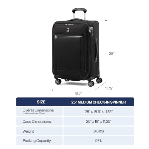 Travelpro Platinum Elite Softside Expandable Checked Luggage, 8 Wheel Spinner Suitcase, TSA Lock, Men and Women, Shadow Black, Checked Medium 25-Inch