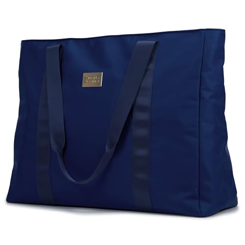 BADGLEY MISCHKA Uncomplicated Nylon Weekender Travel Bag, Lightweight Duffel Tote for Women, Carry On Overnight Bag (Navy)