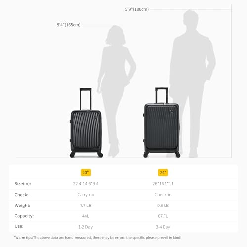OIWAS Carry On Luggage with Cup Holder, Top Opening Carry On Suitcase with USB Port, Phone Holder, One-Click Brake, Top Lid Opening Hardside Luggage for Travel, Business Trip, Black