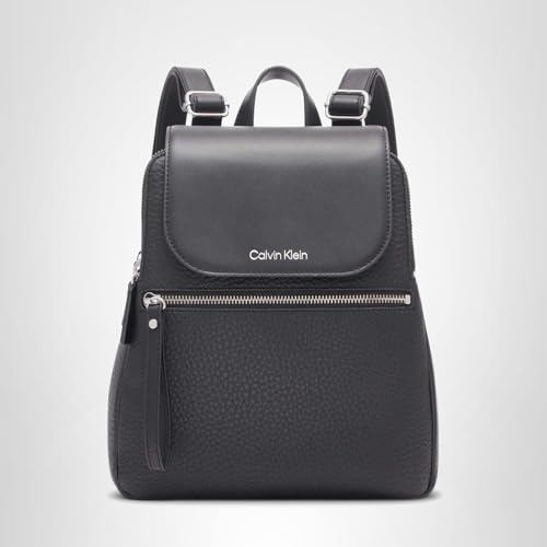 Calvin Klein Reyna Novelty Key Item Flap Backpack, Black/Silver Hampton Pebble, One Size