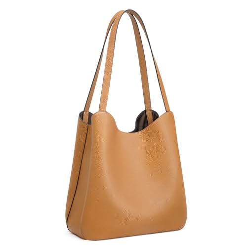 S-ZONE Soft Genuine Leather Tote Bag for Women Shoulder Handbag with Zipper Purses with Bottom Metal Rivets (brown)
