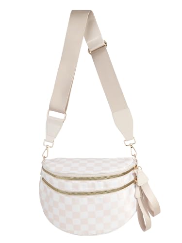 Black and White Checkered Crossbody Bum Bag for Women,Spacious Checkered Purse Fanny Packs Belt Bag Sling Bag with Shoulder Strap (Beige Checkered)