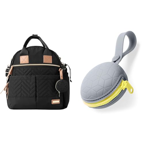 Skip Hop Diaper Bag Backpack: Suite 6-in-1 Diaper Backpack Set, Multi-Function Baby Travel Bag with Changing Pad, Stroller Straps, Bottle Bag and Pacifier Pocket, Black & Silicone Pacifier Holder