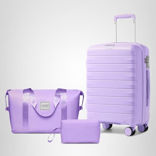 LARVENDER Luggage Sets 3 Piece with Duffel Bag Hardside PP Carry On Suitcase with 360° Spinner Wheels TSA Lock Luggage Sets for Women, Lavender
