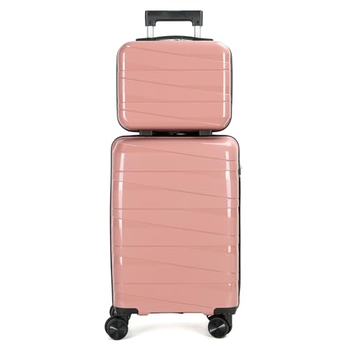 AGVOTK 20" Carry On Luaggage set, 2 Piece Spinner Suitcase Set with USB & Cupholder, Airline Compatible (Rose Pink)