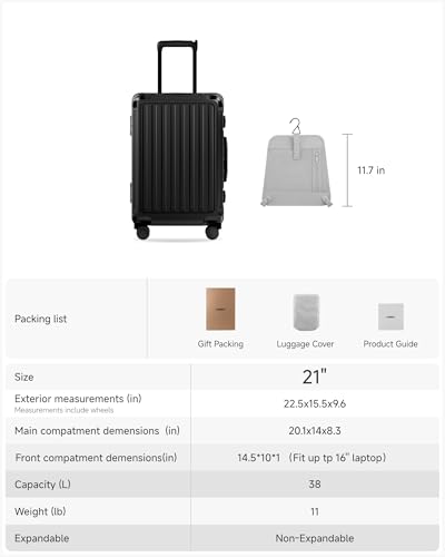 LUGGEX Zipperless Carry On Luggage with Spinner Wheels 22.5" x 15.5" x 9.6", SF81 Aluminum Polycarbonate Hard Shell Front Opening Suitcase, TSA & Cup Holder (ZX-Pro, Black)