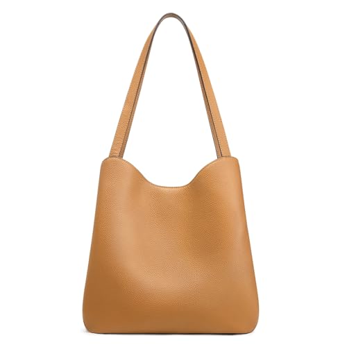 S-ZONE Soft Genuine Leather Tote Bag for Women Shoulder Handbag with Zipper Purses with Bottom Metal Rivets (brown)