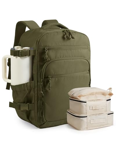 BAGSMART Travel Backpack for Women & Men 17.3 inch Laptop, Flight Approved Carry on Backpack with Shoe bag & 2 Packing Cubes, Water-Resistant Large Business Travel Bag, Weekender Bag - Olive green