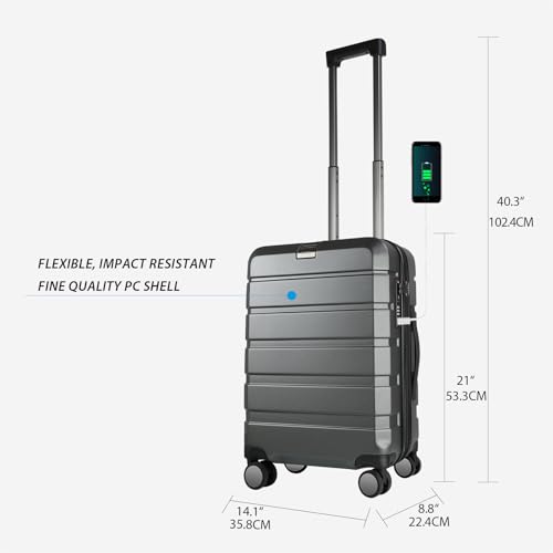 KROSER Hardside Expandable Carry On Luggage with Spinner Wheels & Built-in TSA Lock, Durable Suitcase Rolling Luggage with USB Port, Carry-On 20-Inch Steel Grey