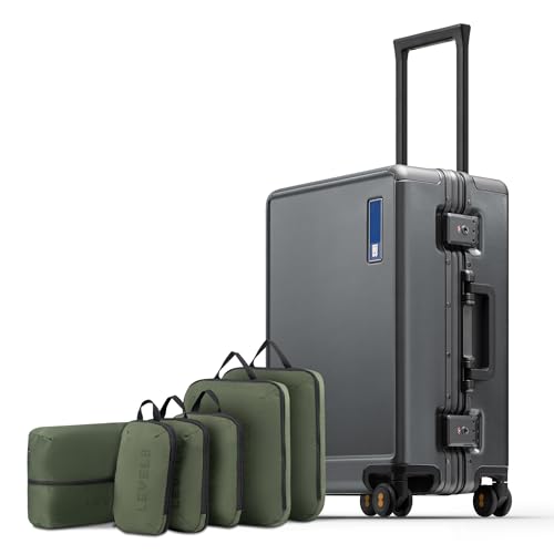 LEVEL8 Zipperless Carry On Luggage Airline Approved with Aluminum Frame, Hard Shell Suitcase with Spinner Wheels, Metal Checked Luggage, 20 Inch, Grey