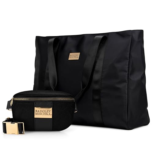 BADGLEY MISCHKA Uncomplicated Nylon Weekender Travel Bag with Sage Neoprene Crossbody Belt Bag, Lightweight Duffel Tote Set for Women, Carry On Overnight Bag (Black)