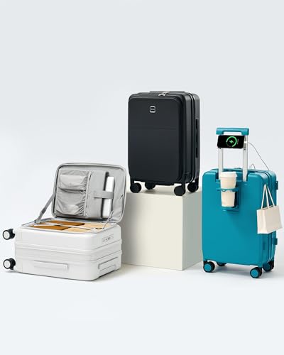 Hanke 20 Inch Expandable Carry On Luggage with Cup Holder 22x14x9 Airline Approved, Top Opening Hard Shell Suitcases with Wheels, Carry-On Travel Suitcase Trunk Luggage with Lock, Forest Green