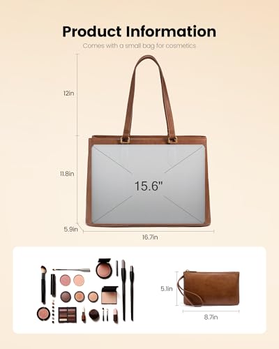 LOVEVOOK Laptop Tote Bag for Women, 15.6 Inch Vintage PU Leather Work Bag with Wristlet, Professional Computer Briefcase for Teacher,Office, Daily (Brown)