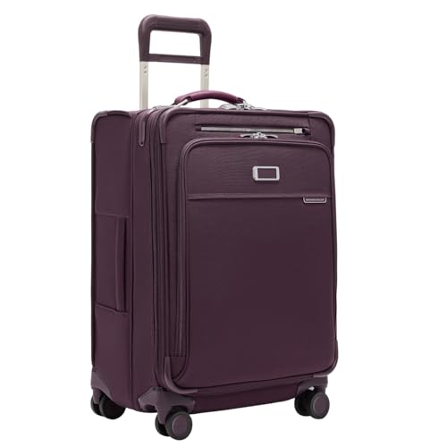 Briggs & Riley 24 Inch Compact Checked Suitcase Luggage with Wheels - Zipperless Compression Expansion System, 360 Spinner, Flat Packing Interior, Accessible Front Pocket - Baseline Collection - Plum