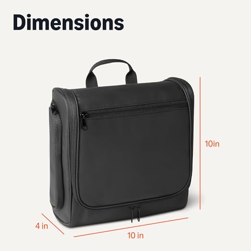 Amazon Essentials Waterproof Travel Toiletry Bag for Men and Women, Hanging Dopp Kit with Multiple Interior Pockets, 2 Side Pockets, Black, 10" x 4" x 10"