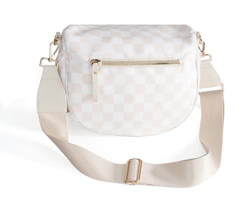 FEIBOON Spacious Checkered Nylon Crossbody Bag Bum Bag Handbags Wallets for Women (beige checkered)