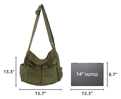 KlaOYer Canvas Messenger Bag Large Hobo Bag Crossbody Shoulder Bag Tote Bag with Pocket for Women and Men (Green)