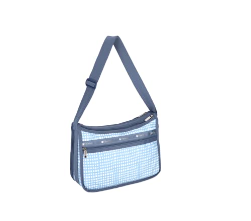 LeSportsac Painterly Weave Deluxe Everyday Crossbody Bag + Cosmetic Bag, Style 7507/Color E612, Dreamy Sky Blue & Crisp White Unite, Abstract Playful Gingham Inspired Weave, Subtle Pearlized Sheen
