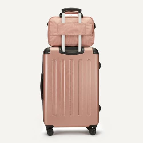 Amazon Basics 4-Piece Luggage Set, Hardside Spinner Suitcases with Multidirectional Wheels (22" Carry-On and 28" Checked), Plus 15-inch Tote Bag and 10-inch Compact Travel Bag, Rose Gold